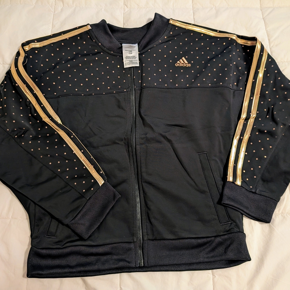 LIMITED EDITION Adidas Black and Rose Gold Polka Dot Jacket size 14 Never worn